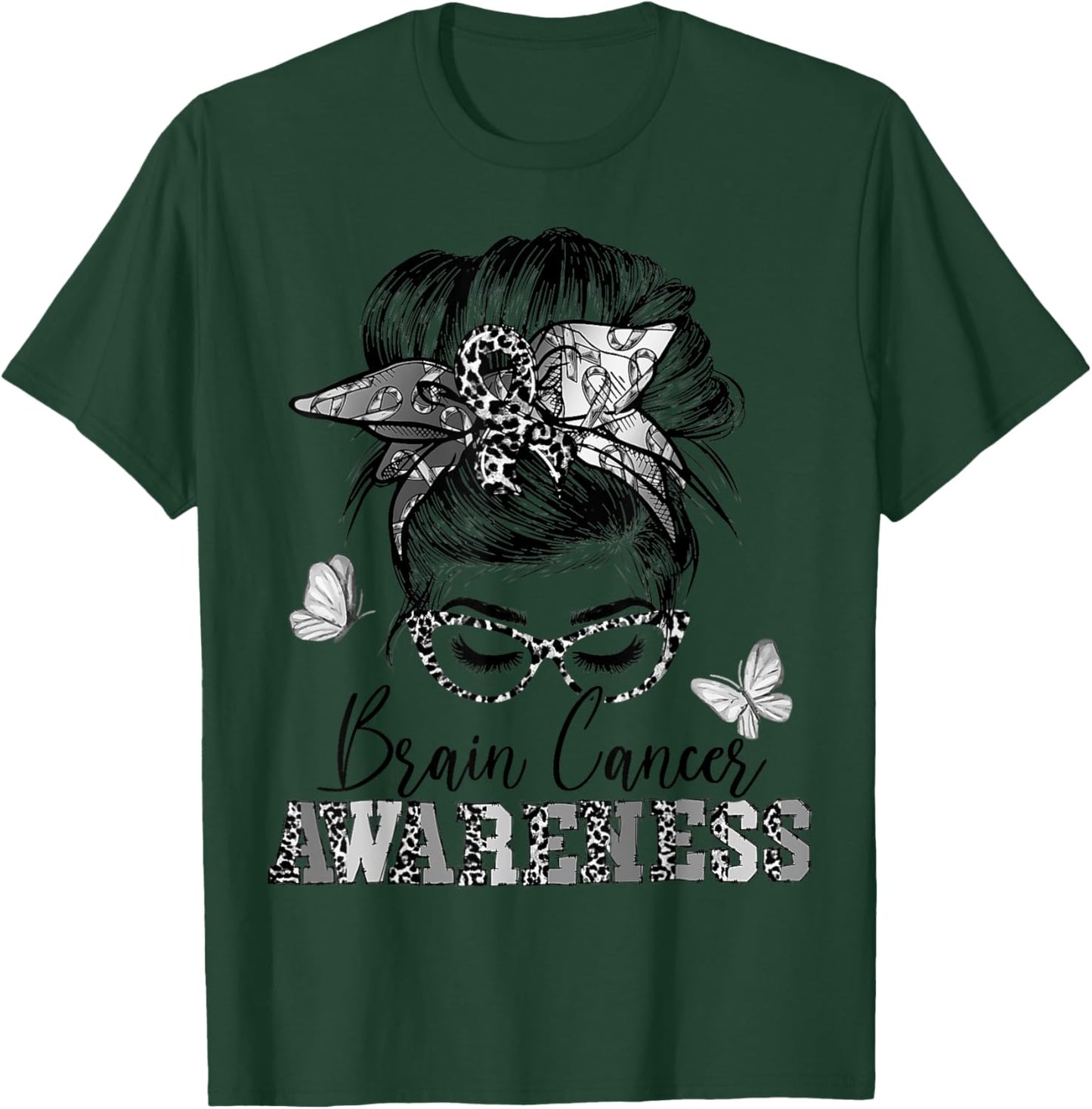 Messy Hair Bun Gray Ribbon Brain Cancer Awareness T-Shirt - T-Shirt | Forest