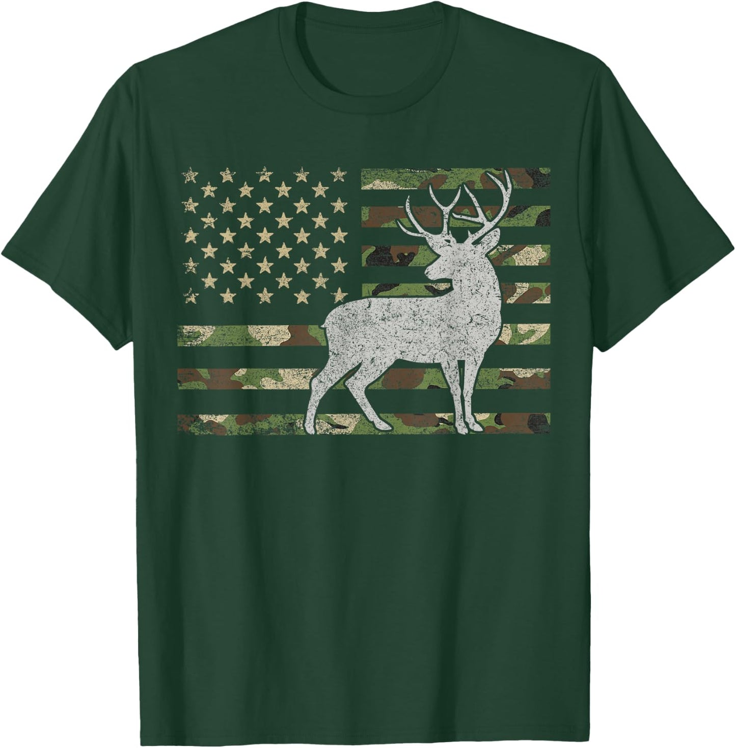 Whitetail Buck Deer Hunting American Camouflage USA Flag Women Kids Men T-Shirt - T-Shirt | Forest