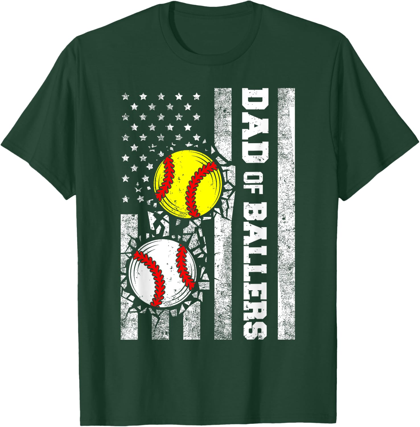 Dad of Ballers Funny USA Flag Baseball Softball Dad T-Shirt - T-Shirt | Forest