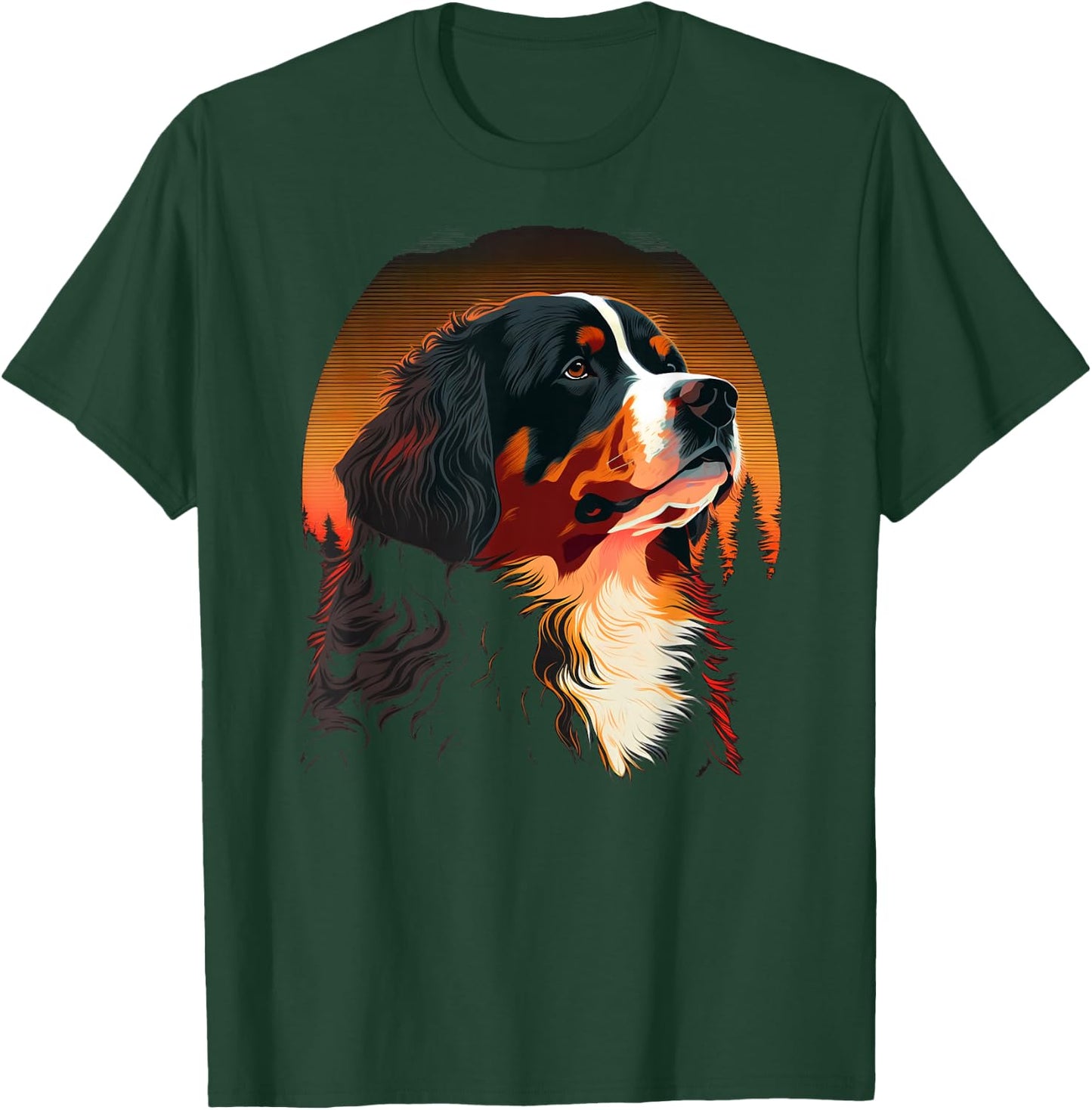 Bernese Mountain Dog at Sunset in the Woods Black Graphic Men Women Kids T-Shirt - T-Shirt | Forest