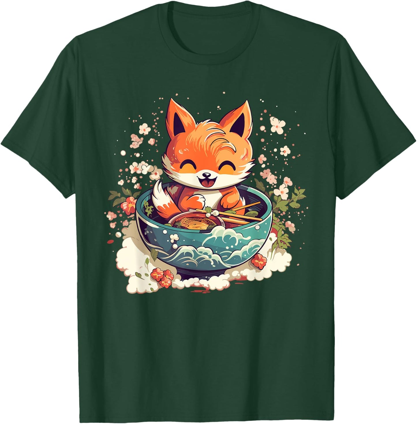 Kawaii Fox Eating Ramen - Ramen Noodle Lovers - Fox-Themed T-Shirt - T-Shirt | Forest