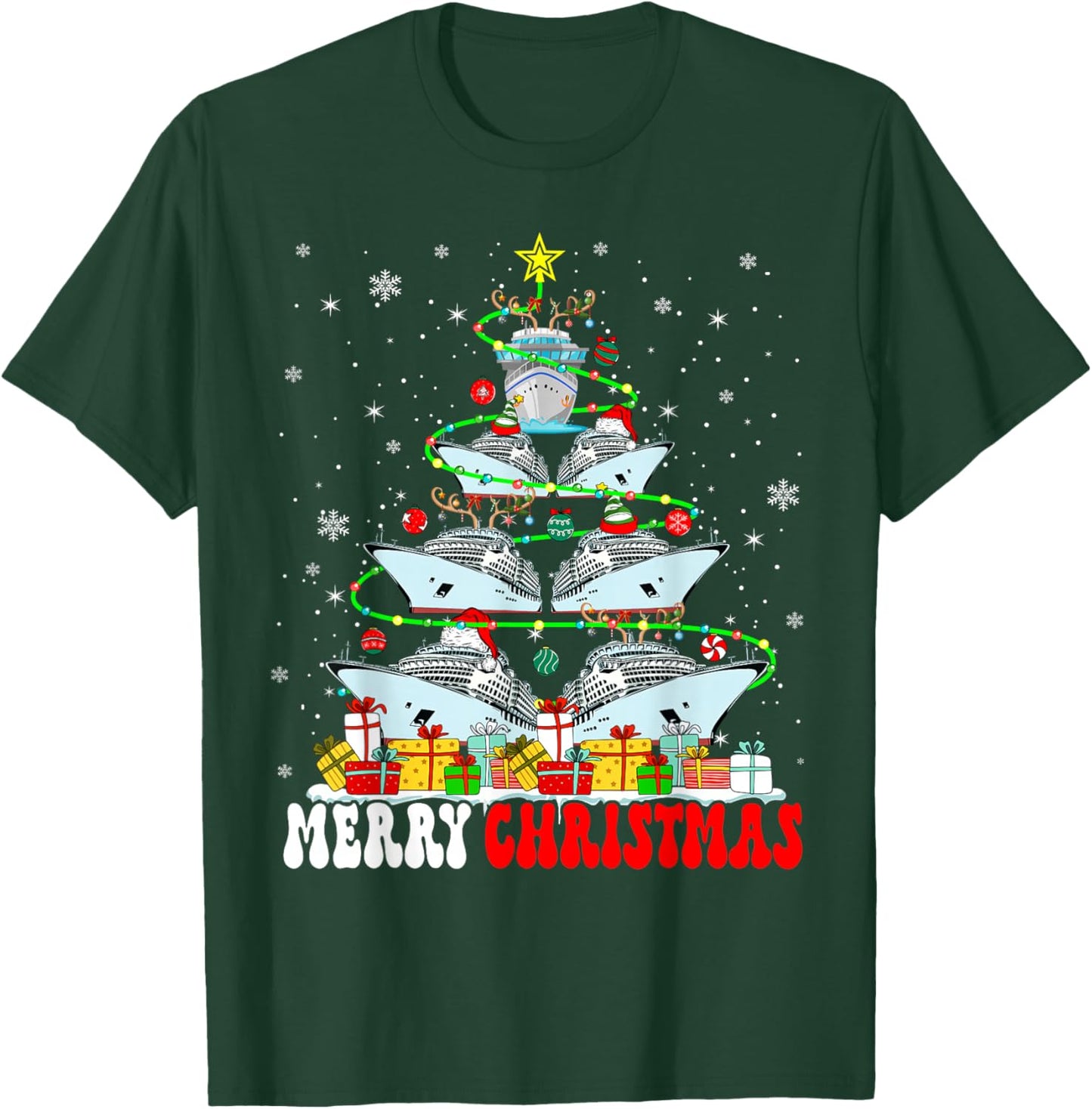 Merry Christmas Reindeer Elf Santa Cruise Ships Xmas Tree T-Shirt - T-Shirt | Forest