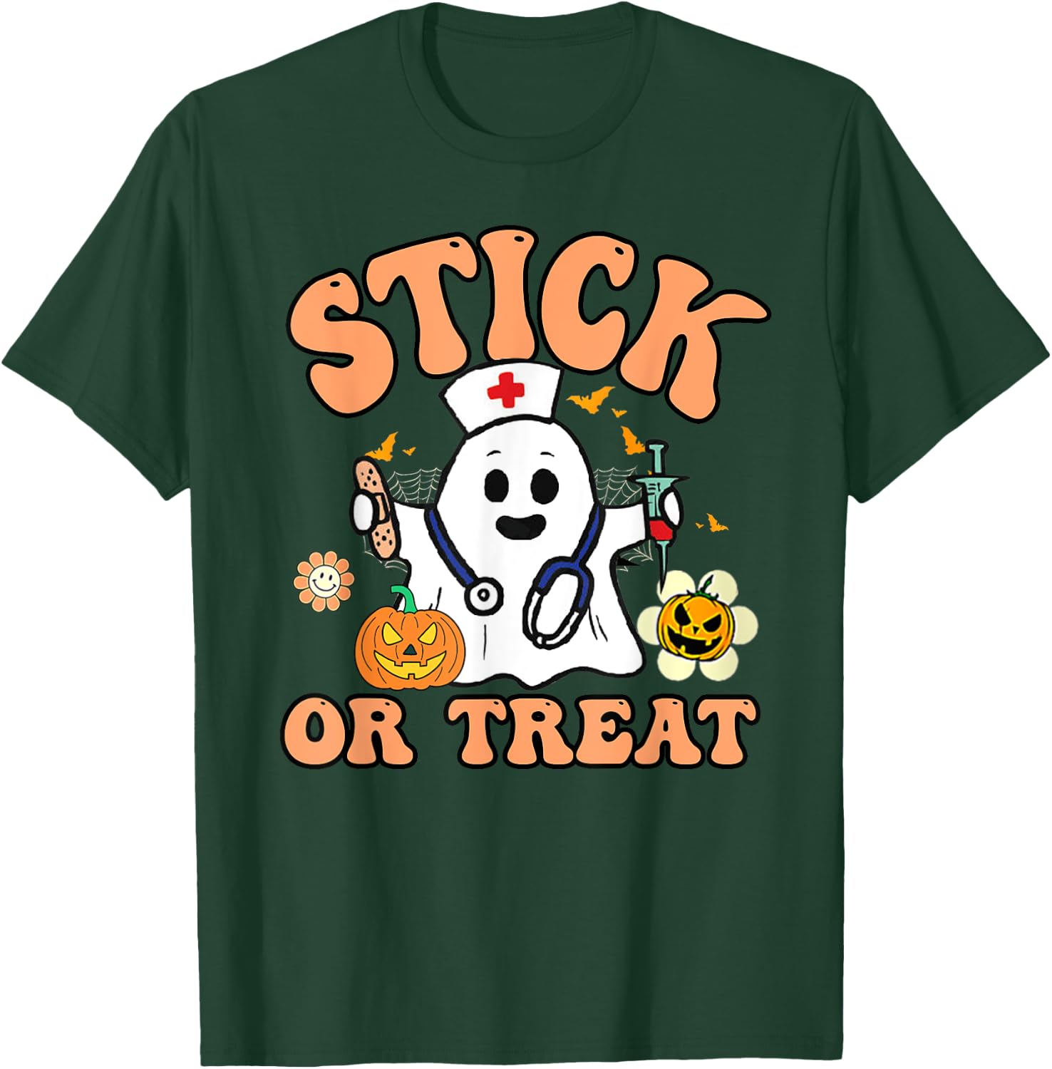 Groovy Stick Or Treat Funny Halloween Nurse T-Shirt - T-Shirt | Forest