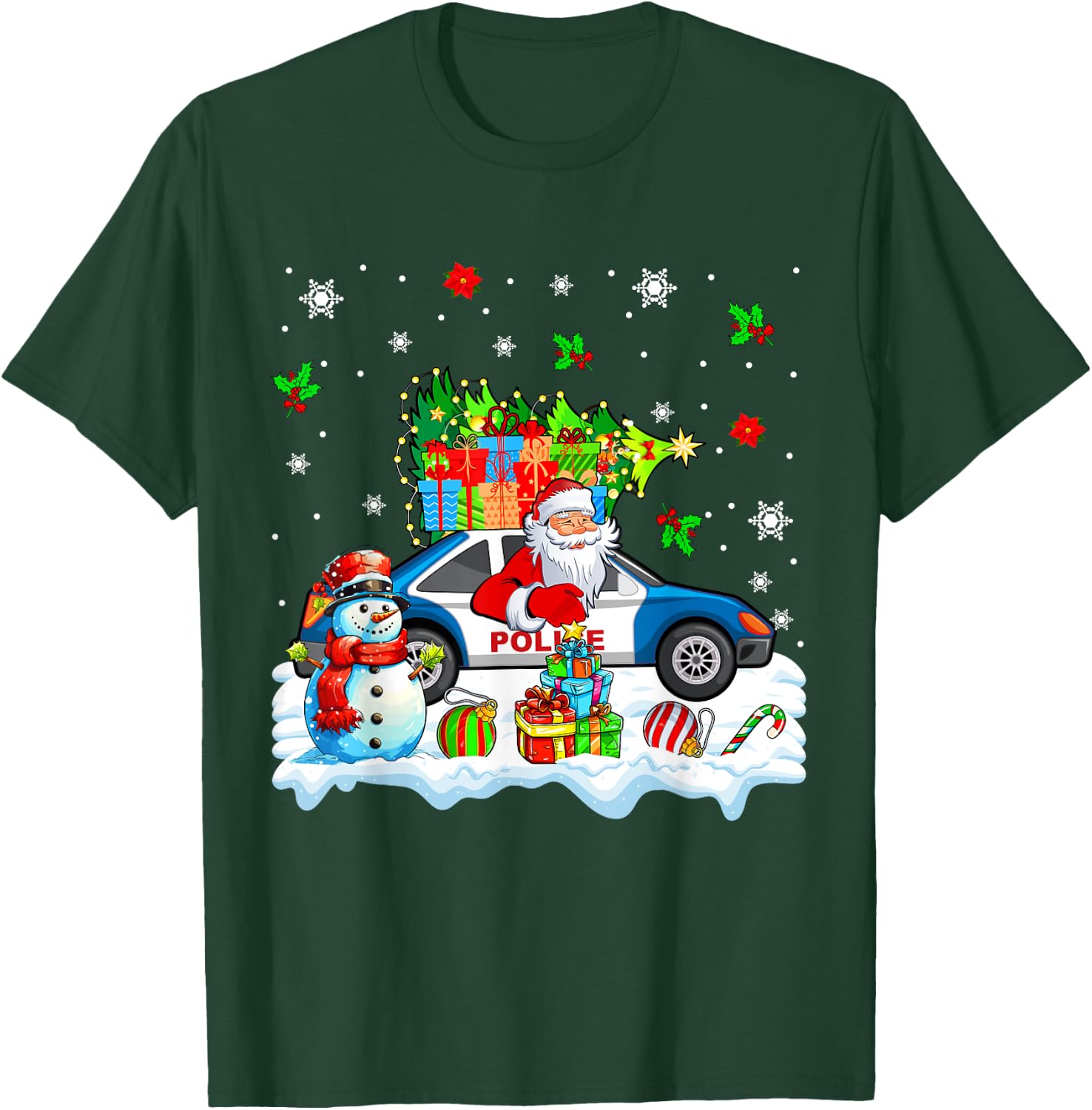 Santa Carrying Christmas Tree On Police Car Snowman Driver T-Shirt - T-Shirt | Forest