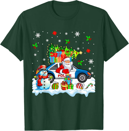 Santa Carrying Christmas Tree On Police Car Snowman Driver T-Shirt - T-Shirt | Forest