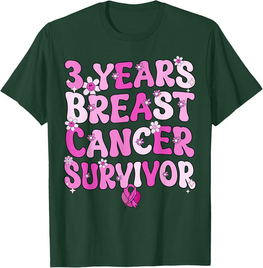 Groovy 3 Year Breast Cancer Survivor Breast Cancer Awareness T-Shirt - T-Shirt | Forest