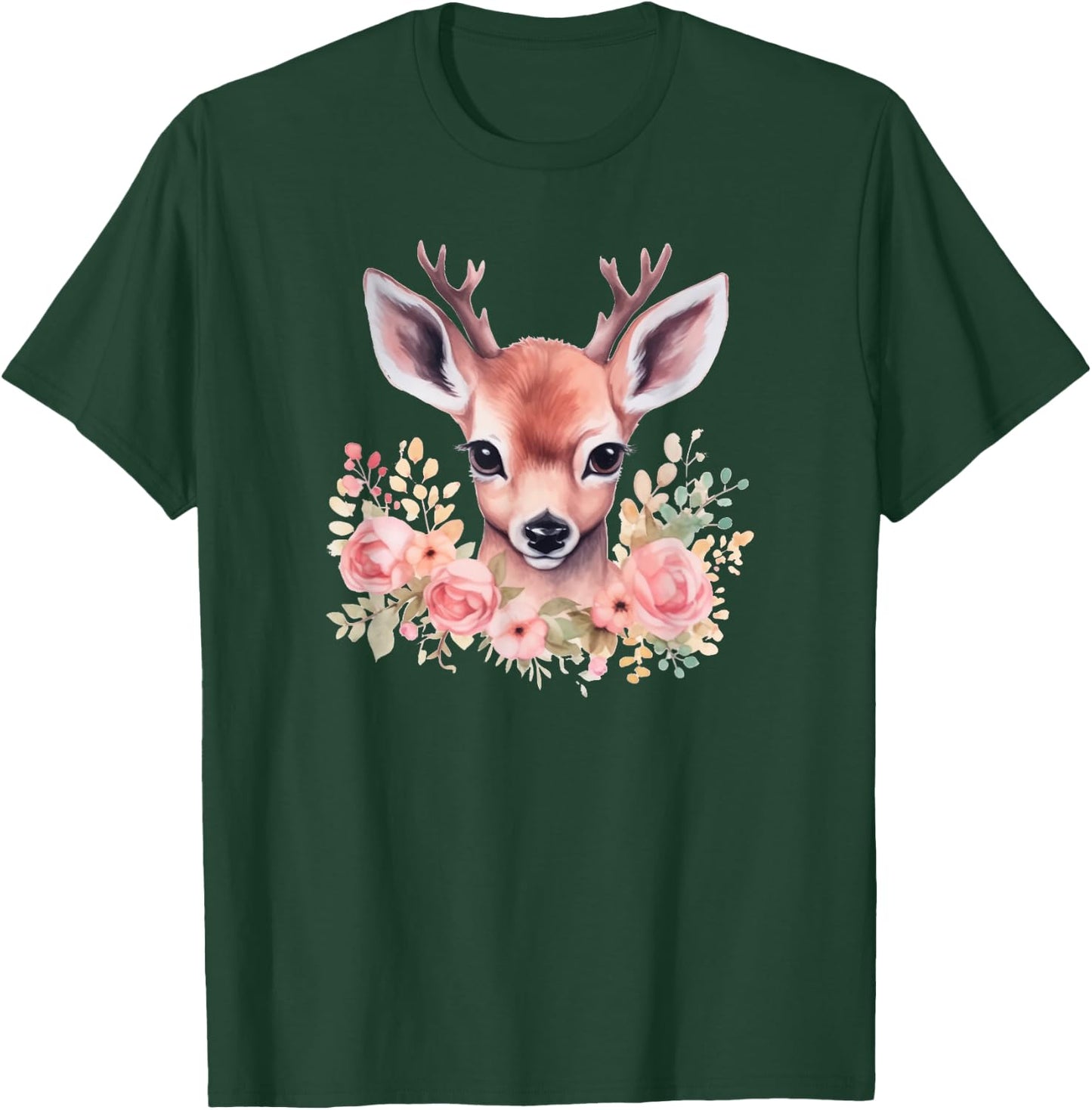 Fawn with Flowers Pink Deer Illustration Cute Deer T-Shirt - T-Shirt | Forest