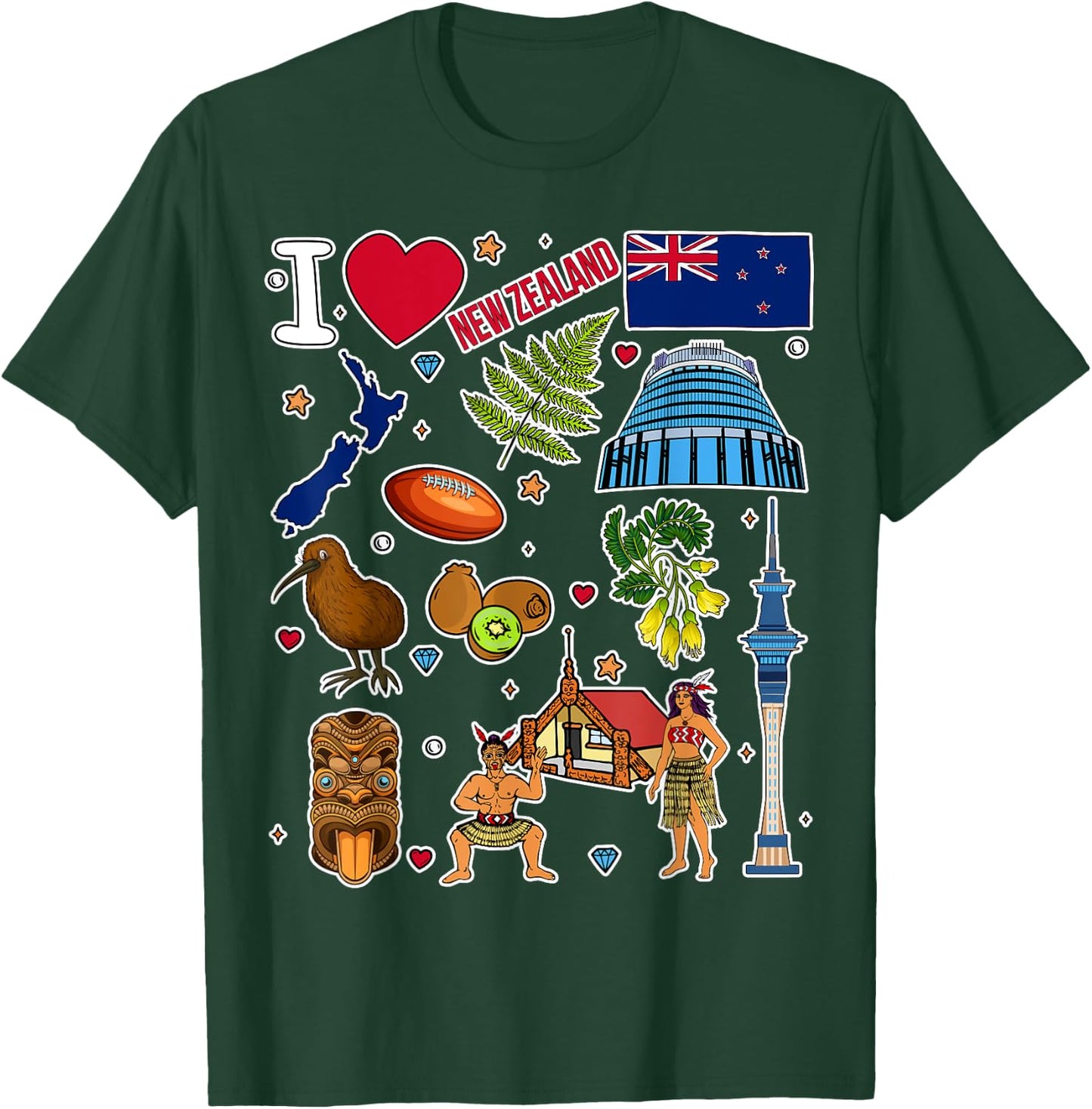 NZ hand drawn symbols, New Zealand map, cultural icons T-Shirt - T-Shirt | Forest