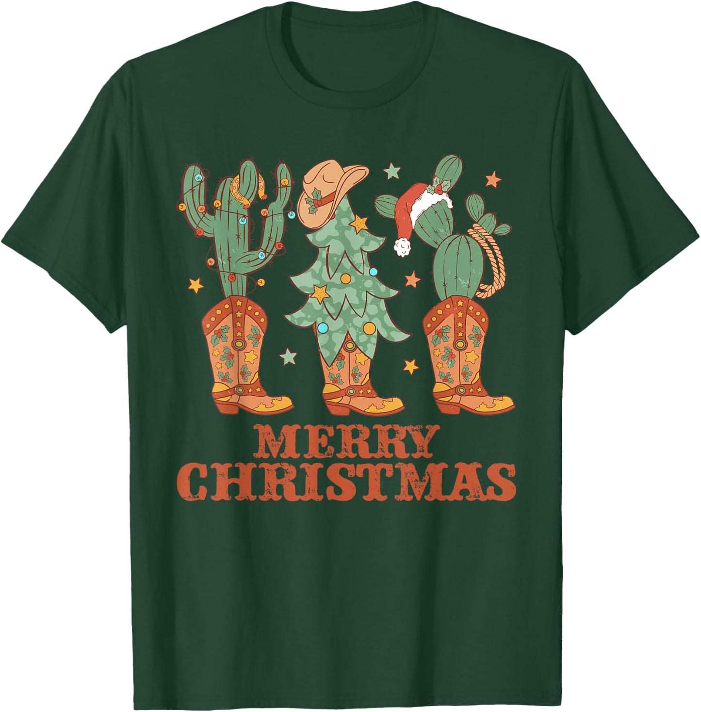 Cowboy Boots Christmas Tree Lights Western Merry Christmas T-Shirt - T-Shirt | Forest