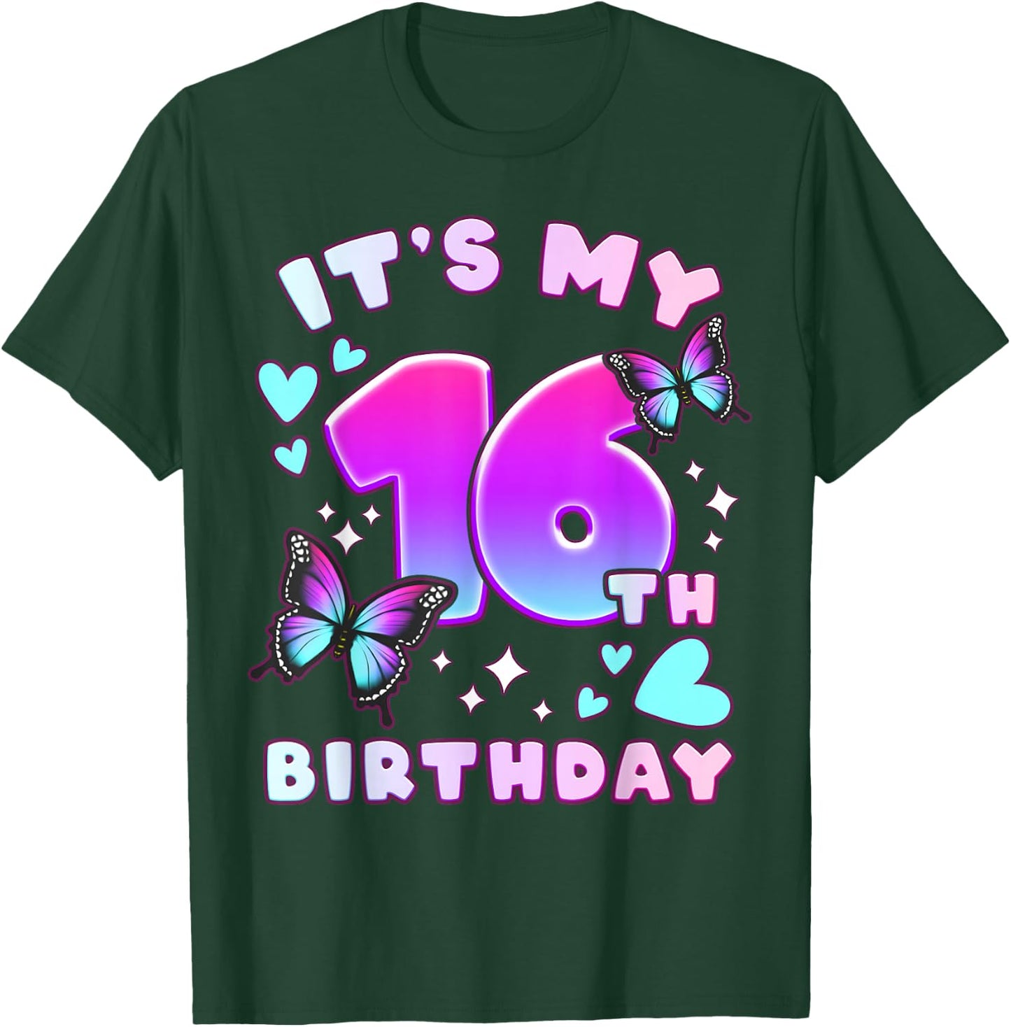 16th Birthday, Girl 16 years, Butterflies and Number 16 T-Shirt - T-Shirt | Forest