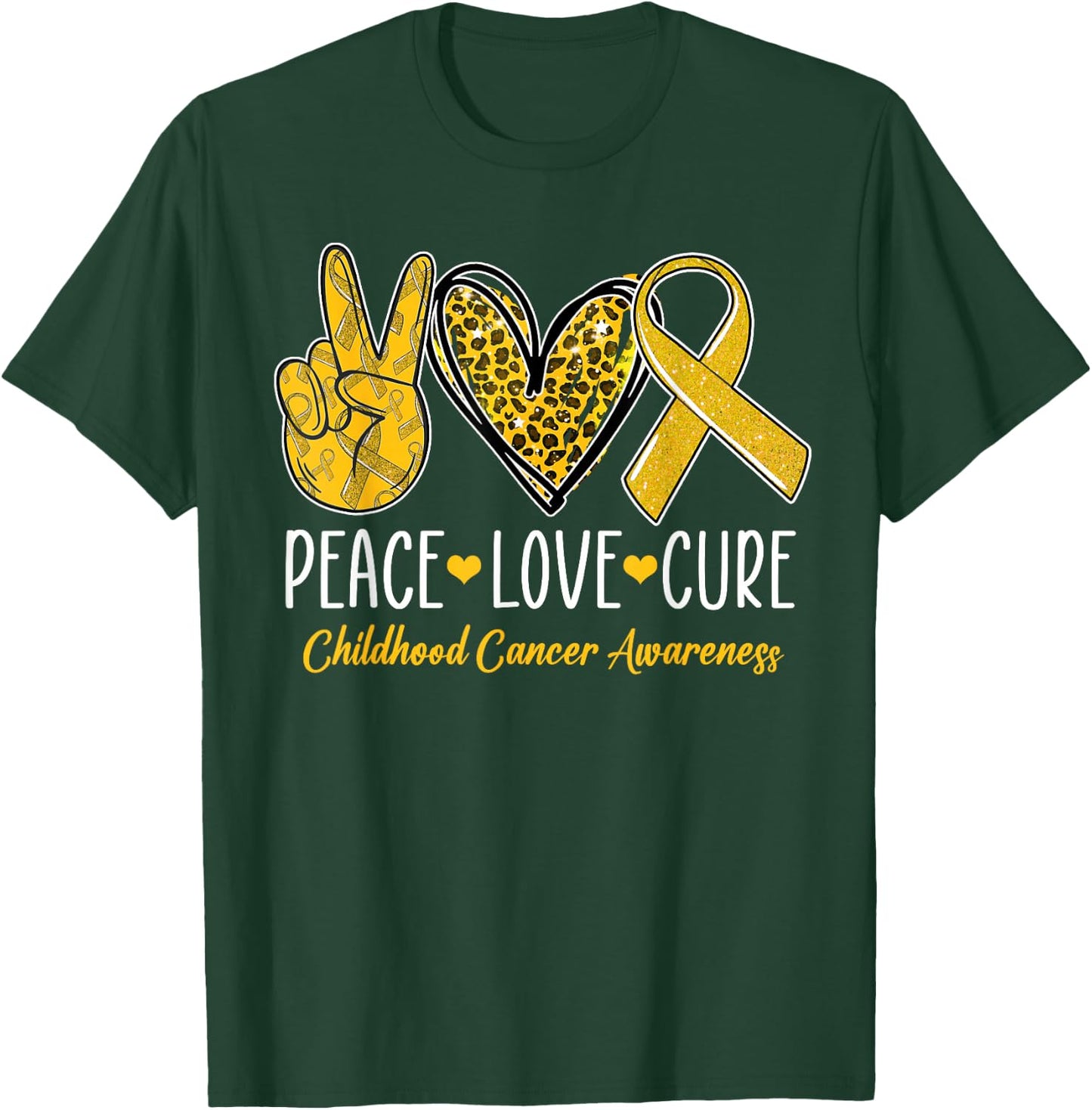 Peace Love Cure Childhood Cancer Awareness Gold Ribbon T-Shirt - T-Shirt | Forest