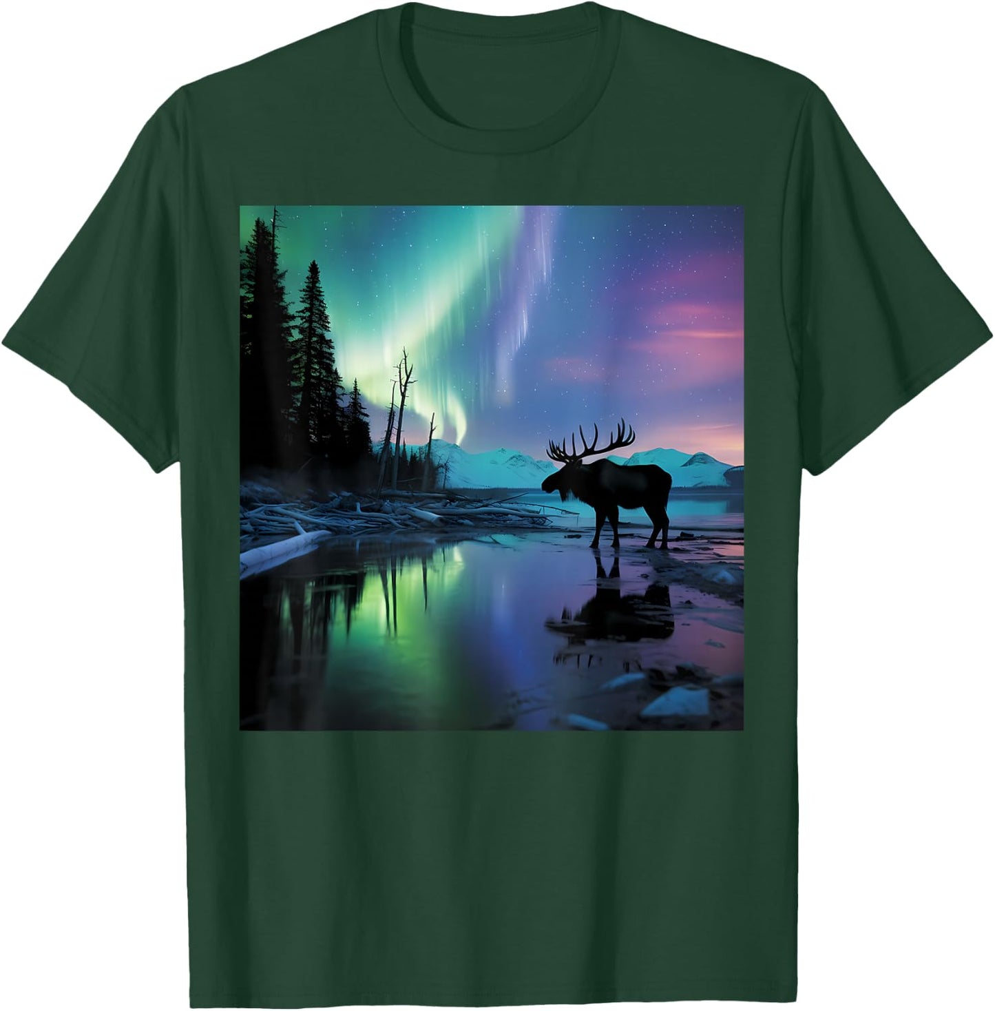 Alaska Aurora Borealis Moose Aesthetic Core Photo Souvenir T-Shirt - T-Shirt | Forest