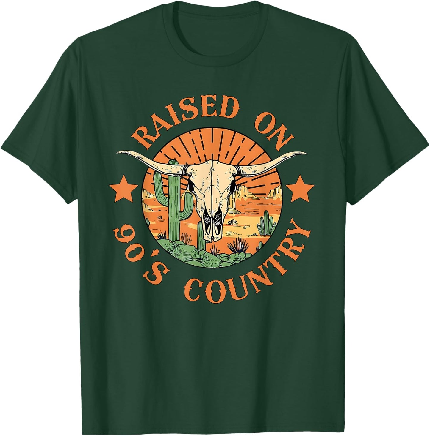 Raised On 90s Western Country Music Cow Skull Cowboy Cowgirl T-Shirt - T-Shirt | Forest
