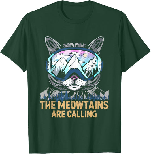 Meowtains Are Calling | Winter Sports Cat | Ski Snowboard T-Shirt - T-Shirt | Forest