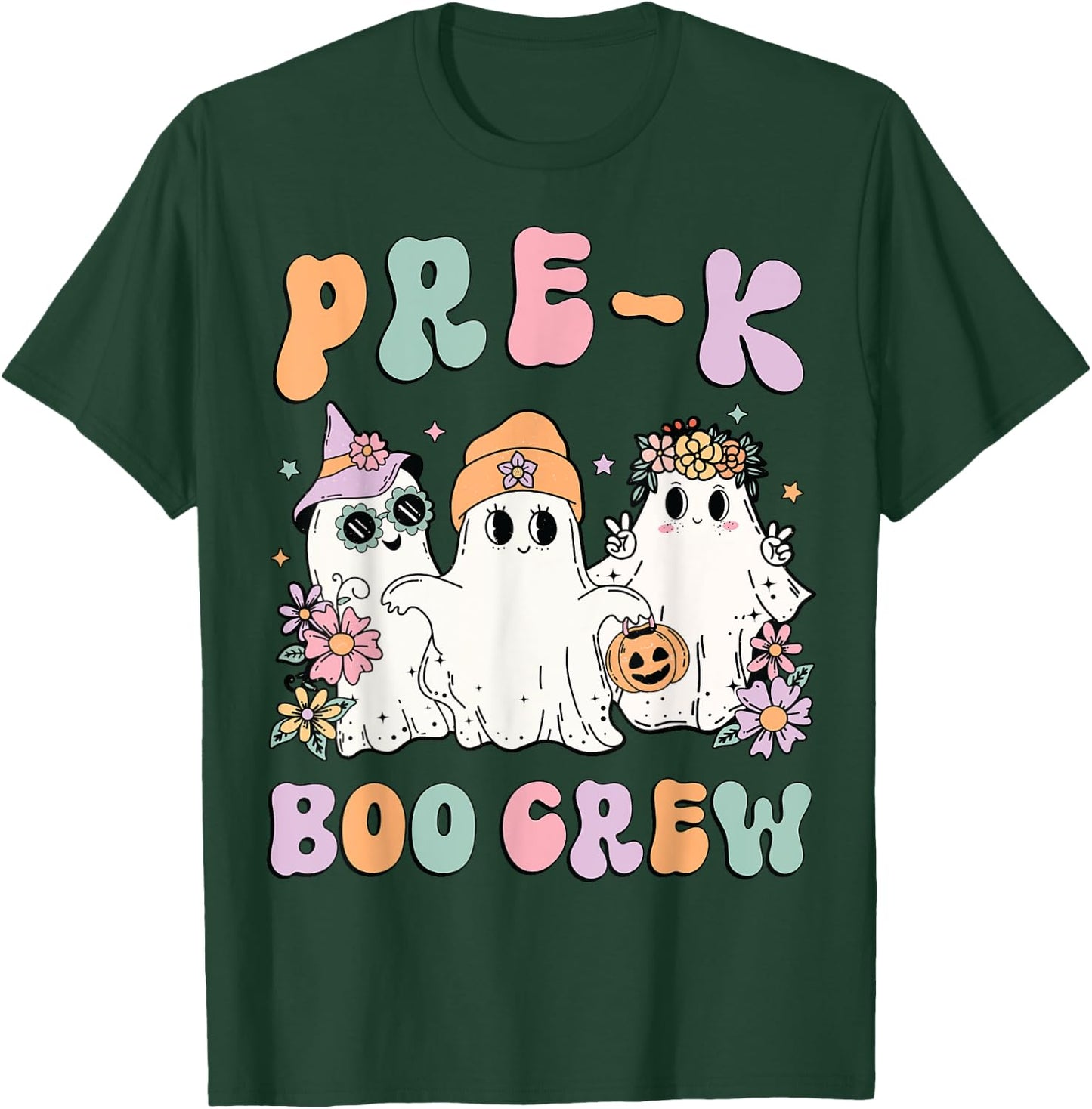 Pre-K Boo Crew Groovy Halloween Floral Ghost Pre K Teacher Men Women Kids T-Shirt - T-Shirt | Forest