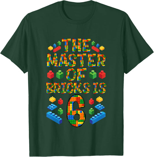 6th Birthday Block Building, 6 Years Old Brick Builder T-Shirt - T-Shirt | Forest