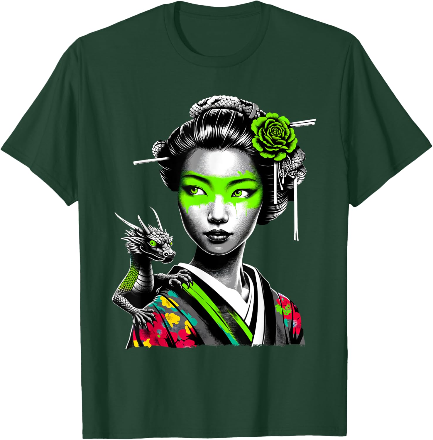 Japanese Girl and Dragon Animal Urban Art Aesthetic Graphic T-Shirt - T-Shirt | Forest
