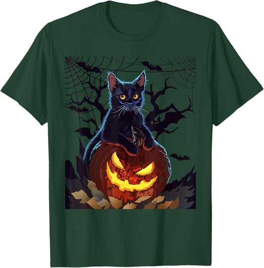 Cat With Pumpkin Halloween Bat Vintage Costume T-Shirt - T-Shirt | Forest