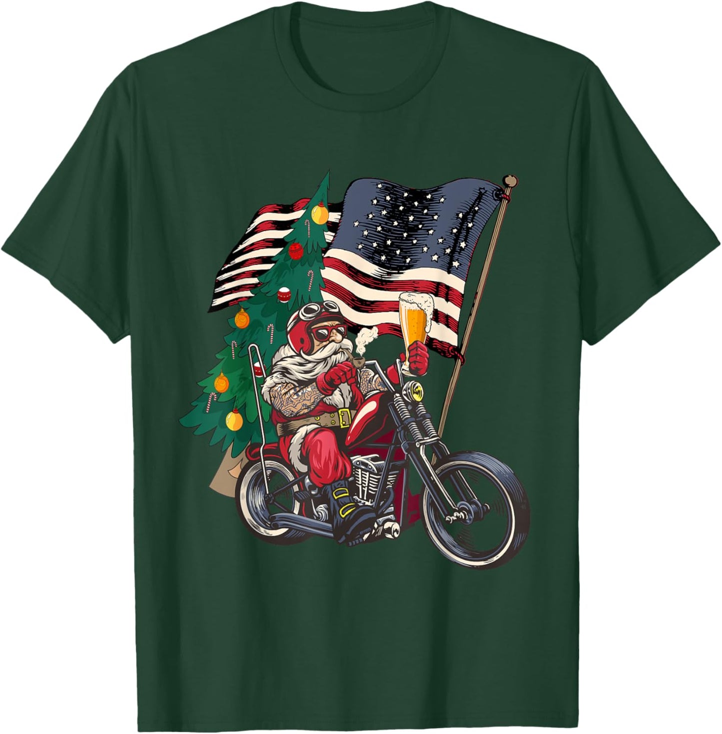 Santa Riding Motorcycle on Christmas - Biker US Flag T-Shirt - T-Shirt | Forest