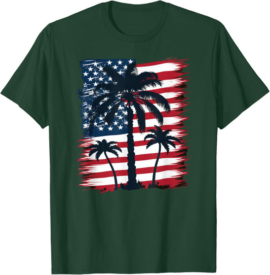 American Flag Palm Trees - Patriotic 4th of July T-Shirt - T-Shirt | Forest