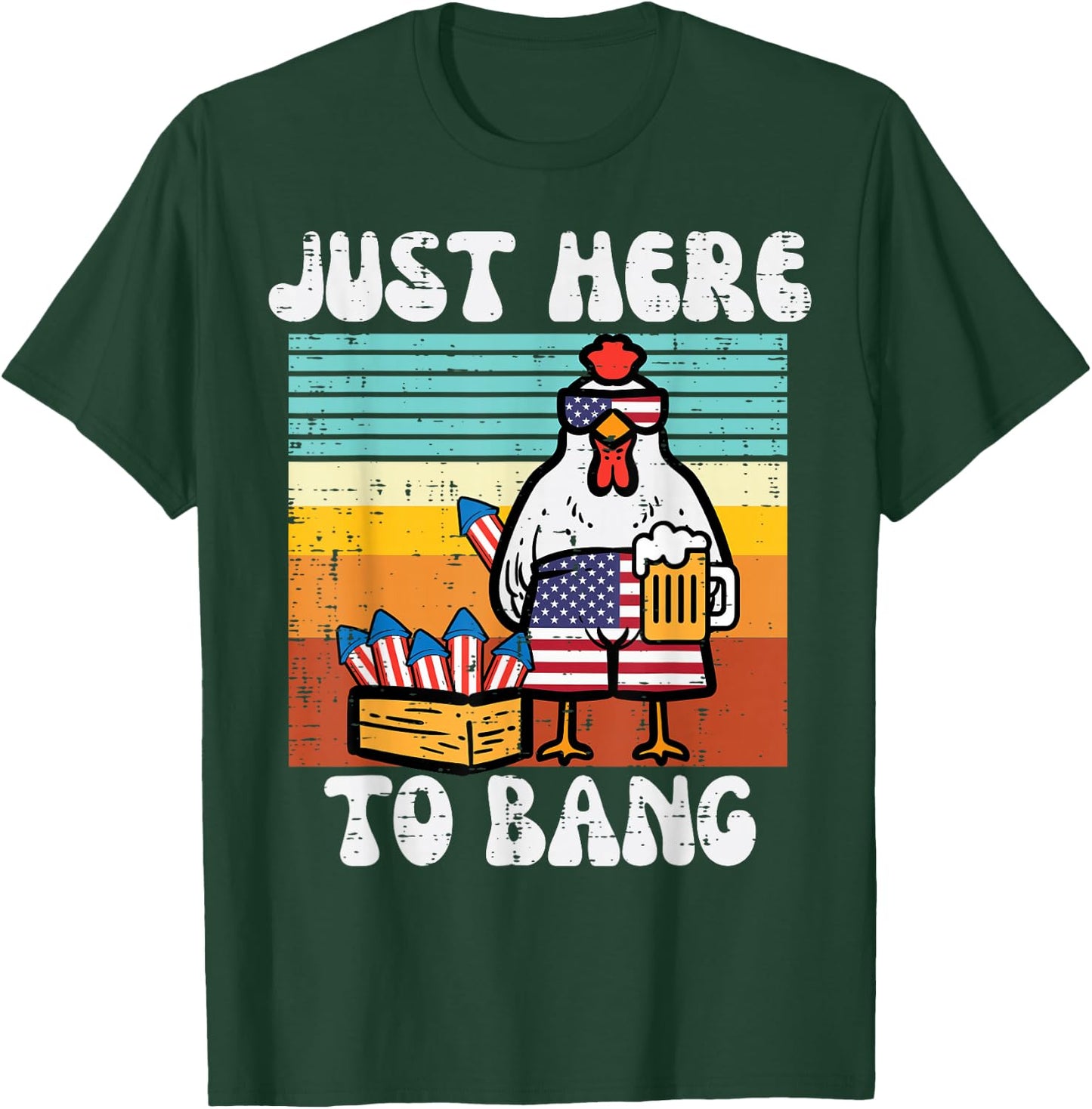 4th Of July Chicken Fireworks Here To Bang Retro America Men T-Shirt - T-Shirt | Forest