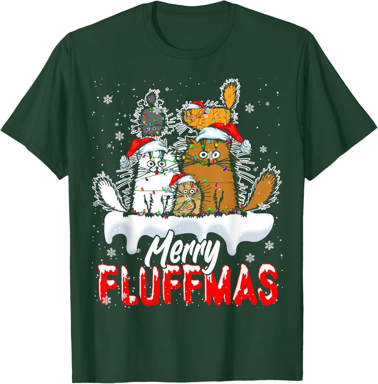 Merry Fluffmas Funny Christmas Lights Santa Cat Kitten Lover T-Shirt - T-Shirt | Forest