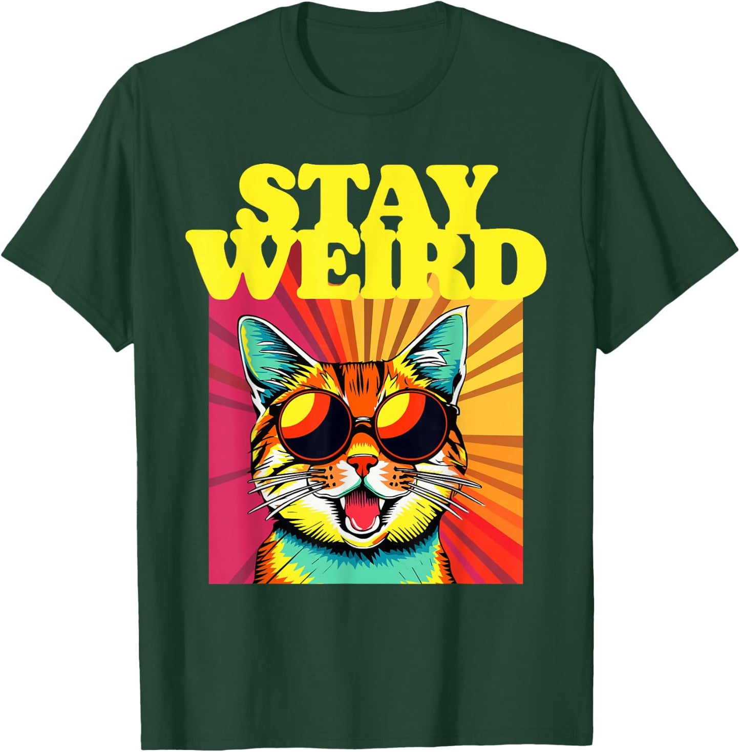 Stay Weird Awesome 80s Abstract Art Cool Cat T-Shirt - T-Shirt | Forest