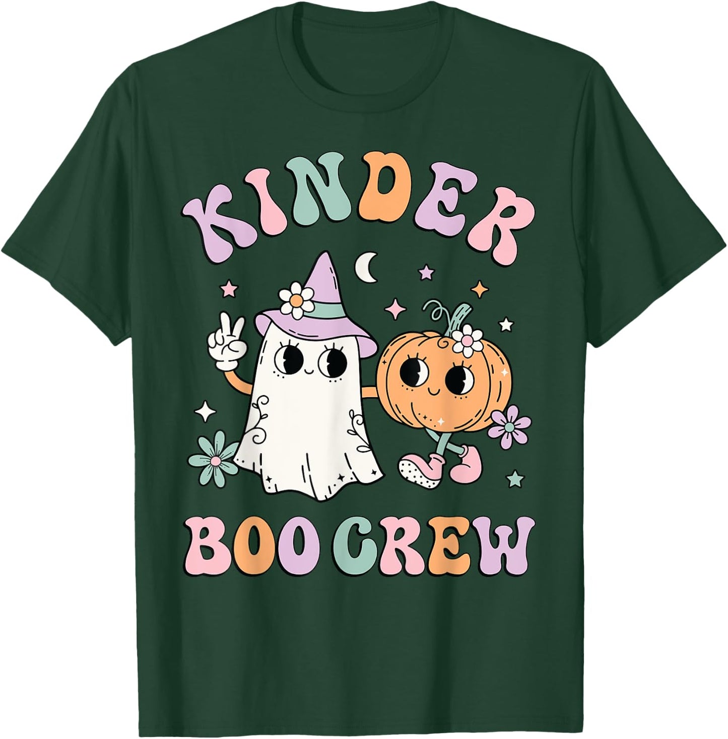 Kinder Boo Crew Halloween Floral Ghost Kindergarten Teacher Men Women Kids T-Shirt - T-Shirt | Forest