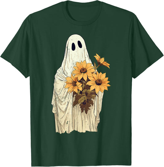 Vintage Floral Ghost Sunflowers Spooky Halloween Graphic T-Shirt - T-Shirt | Forest
