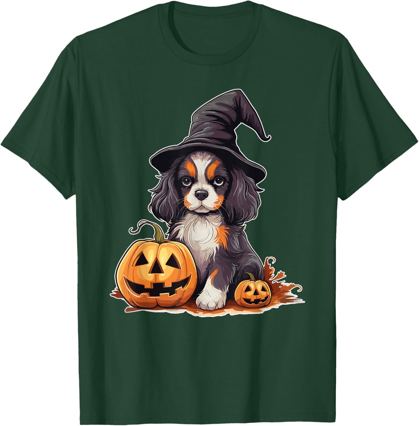 Halloween Witch Hat Pumpkin Dog Cavalier King Charles Women Kids T-Shirt - T-Shirt | Forest