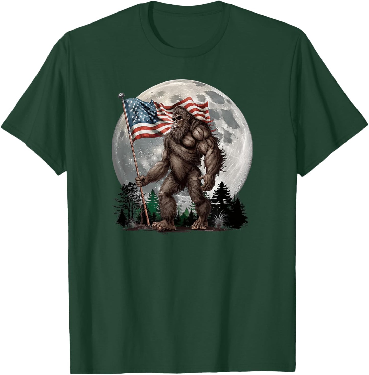 Bigfoot Sasquatch - American Flag Full Moon Patriotic T-Shirt - T-Shirt | Forest