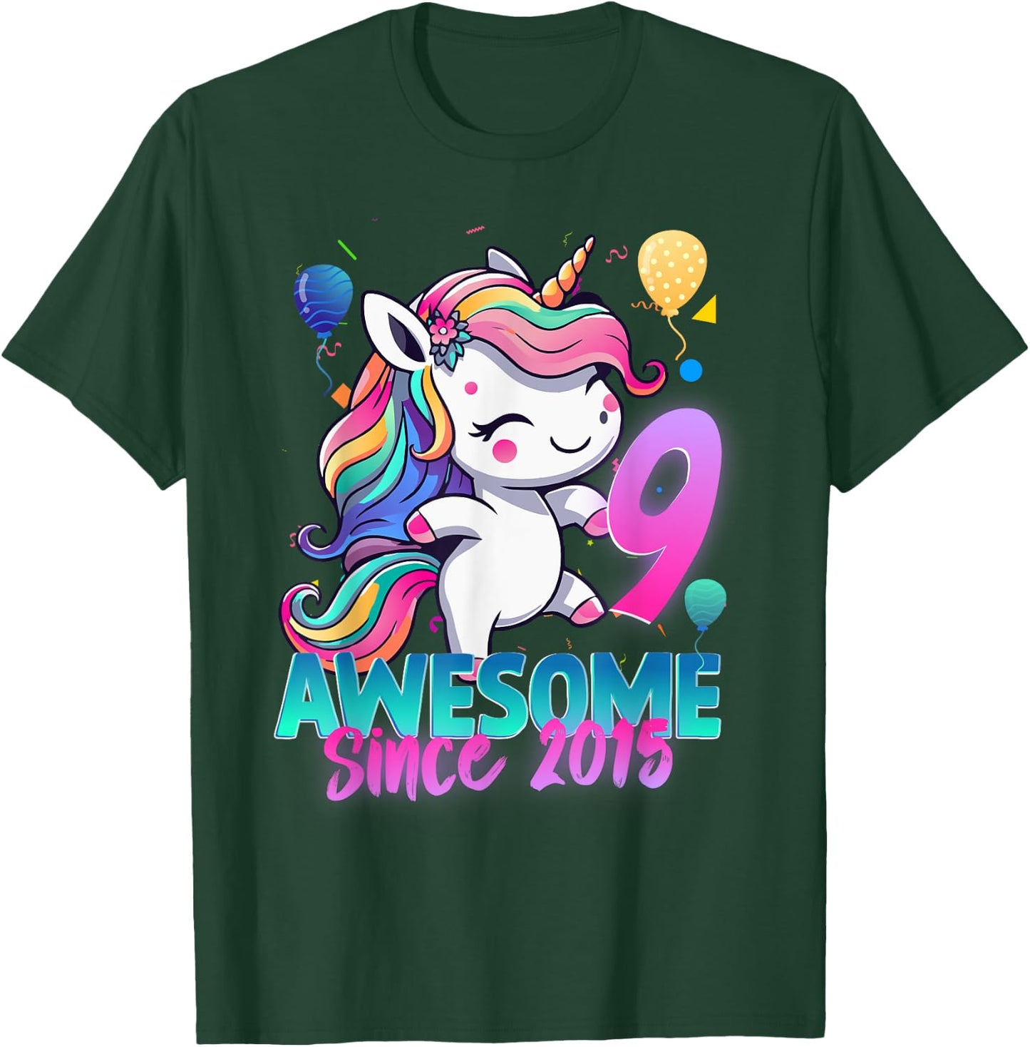 9th Birthday Girl Awesome Since 2015 9 Years Old Unicorn T-Shirt - T-Shirt | Forest