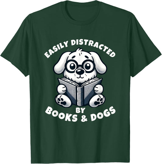 Kids Easily Distracted By Books and Dogs Graphic Reading T-Shirt - T-Shirt | Forest