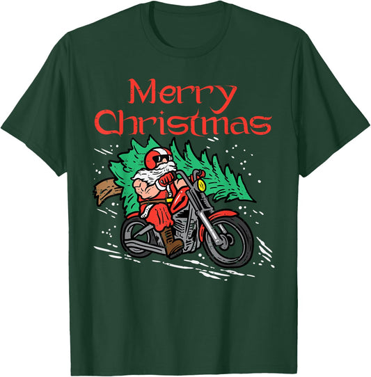 Merry Christmas Biker Santa Xmas Motorcycle Big Bike Dad Men T-Shirt - T-Shirt | Forest