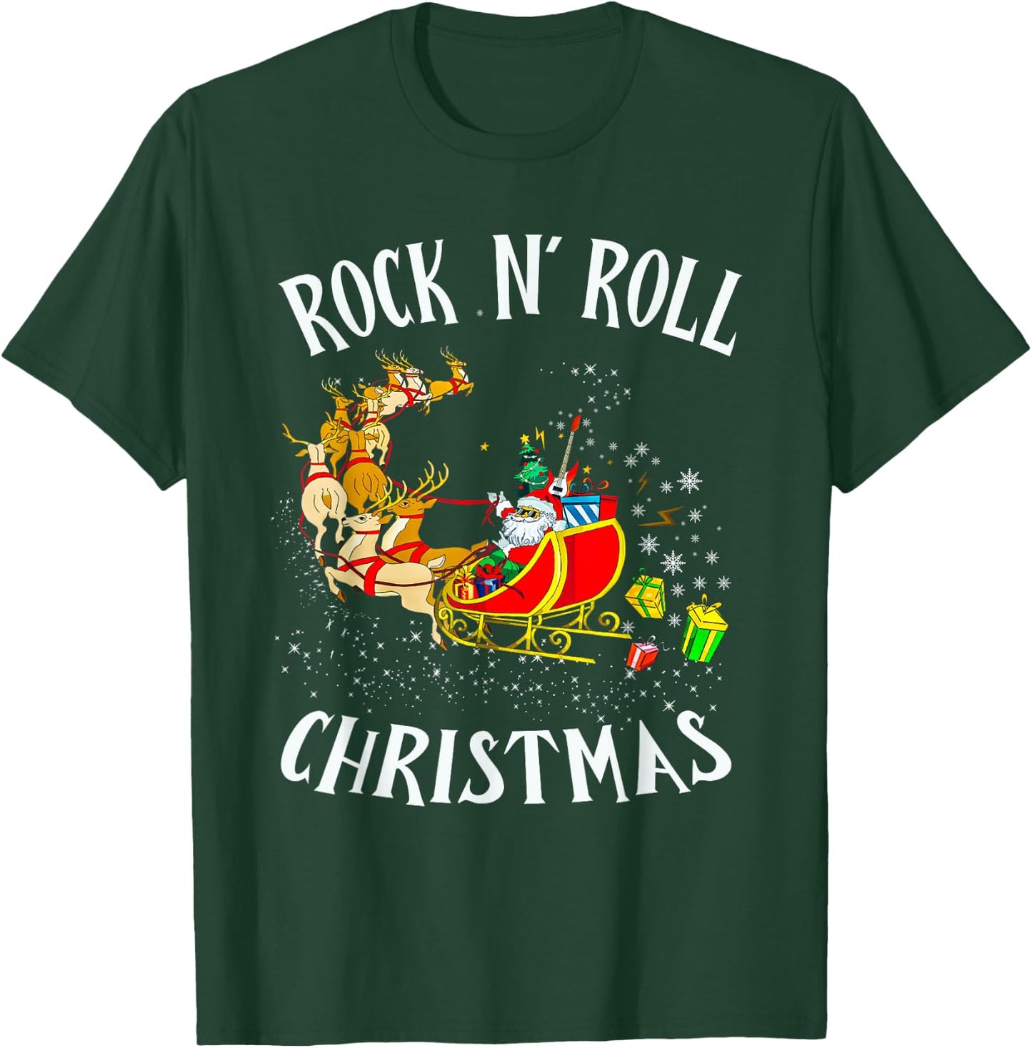 Rock N Roll Christmas Santa Sleigh Reindeer Xmas T-Shirt - T-Shirt | Forest