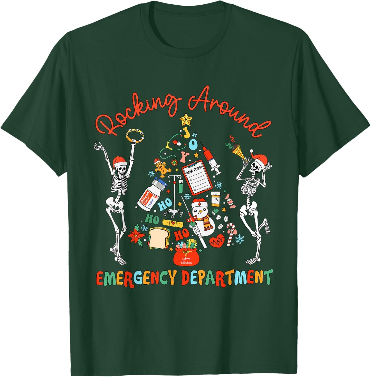 Emergency Department Nurse Rocking Around Skeleton Christmas T-Shirt - T-Shirt | Forest