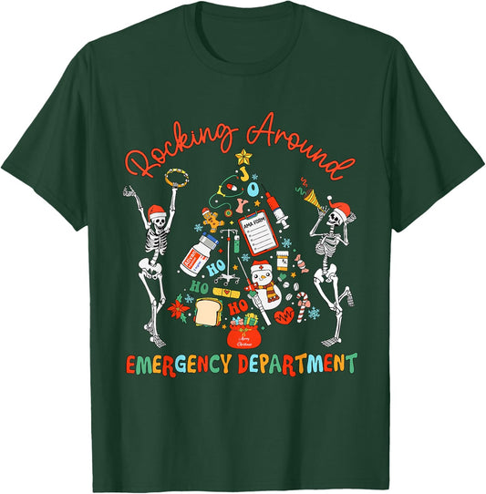 Emergency Department Nurse Rocking Around Skeleton Christmas T-Shirt - T-Shirt | Forest
