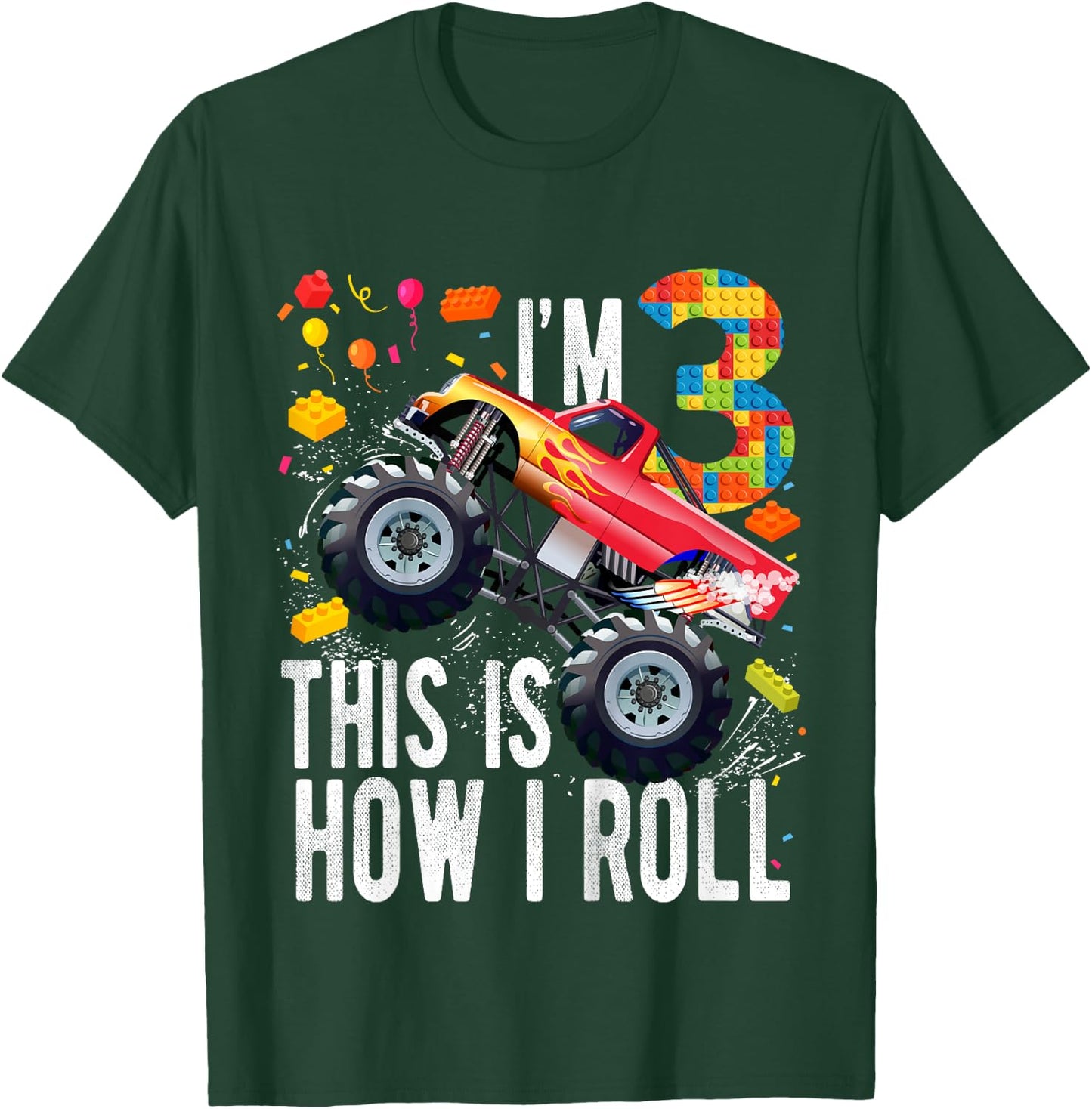 Kids 3 Year Old Building Blocks Monster Truck 3rd Birthday Boy T-Shirt - T-Shirt | Forest