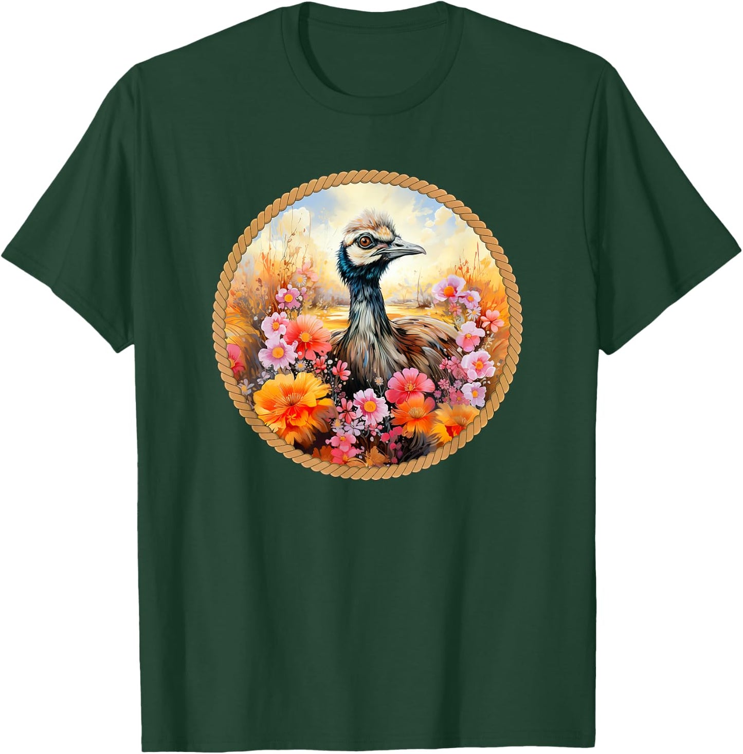 Cute Emu sitting in the meadow surrounded by flowers T-Shirt - T-Shirt | Forest