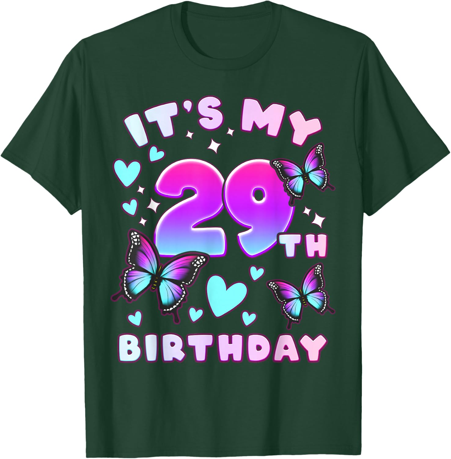 29th Birthday, Girl 29 years, Butterflies and Number 29 T-Shirt - T-Shirt | Forest