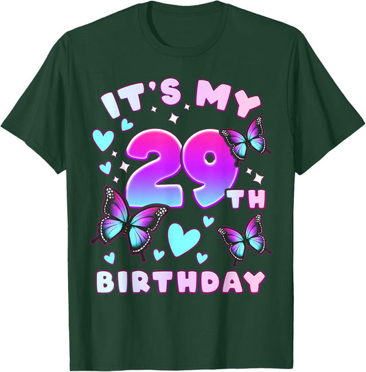 29th Birthday, Girl 29 years, Butterflies and Number 29 T-Shirt - T-Shirt | Forest