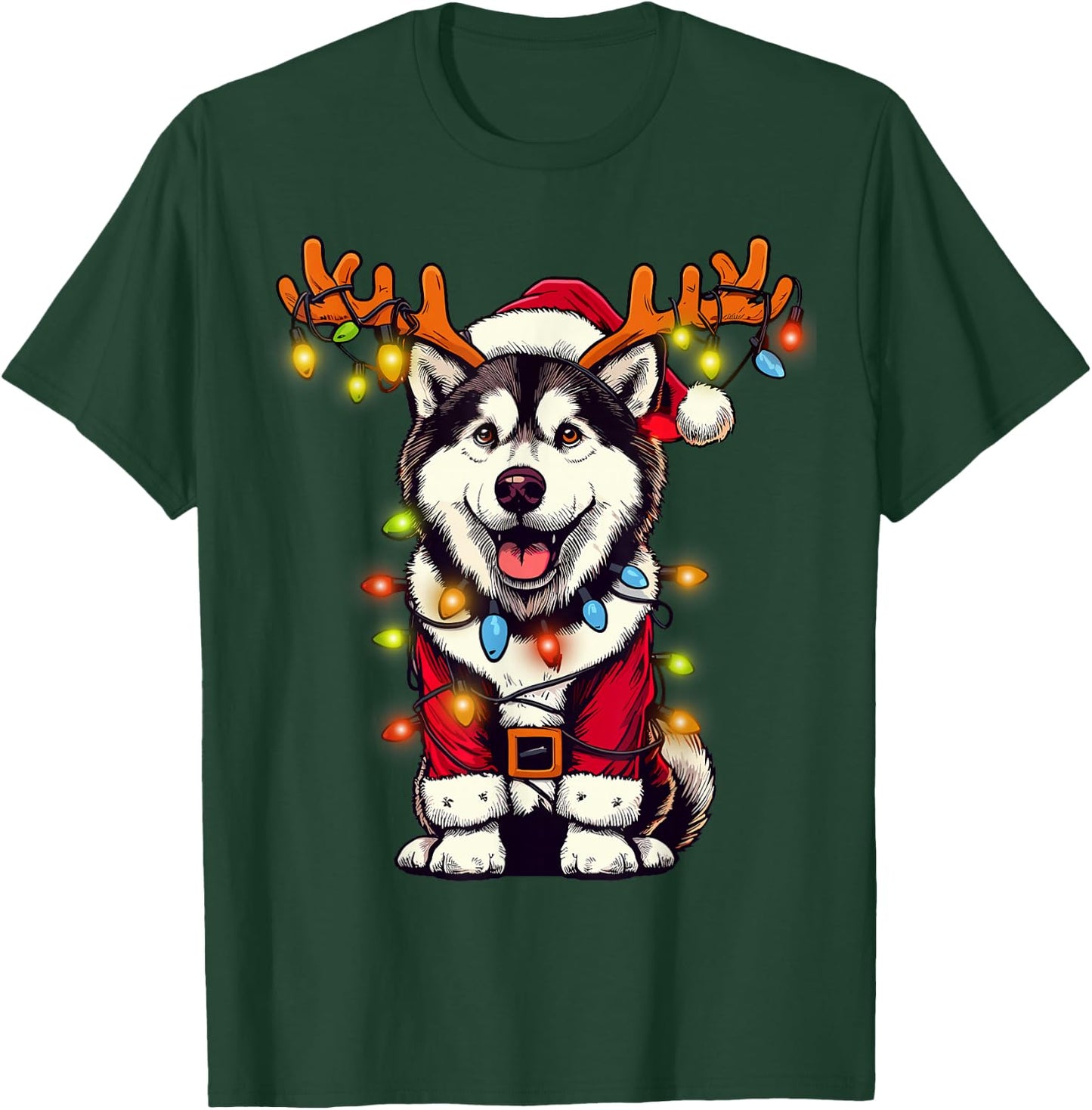 Funny Siberian Husky Christmas Tree Lights, Santa Dog T-Shirt - T-Shirt | Forest