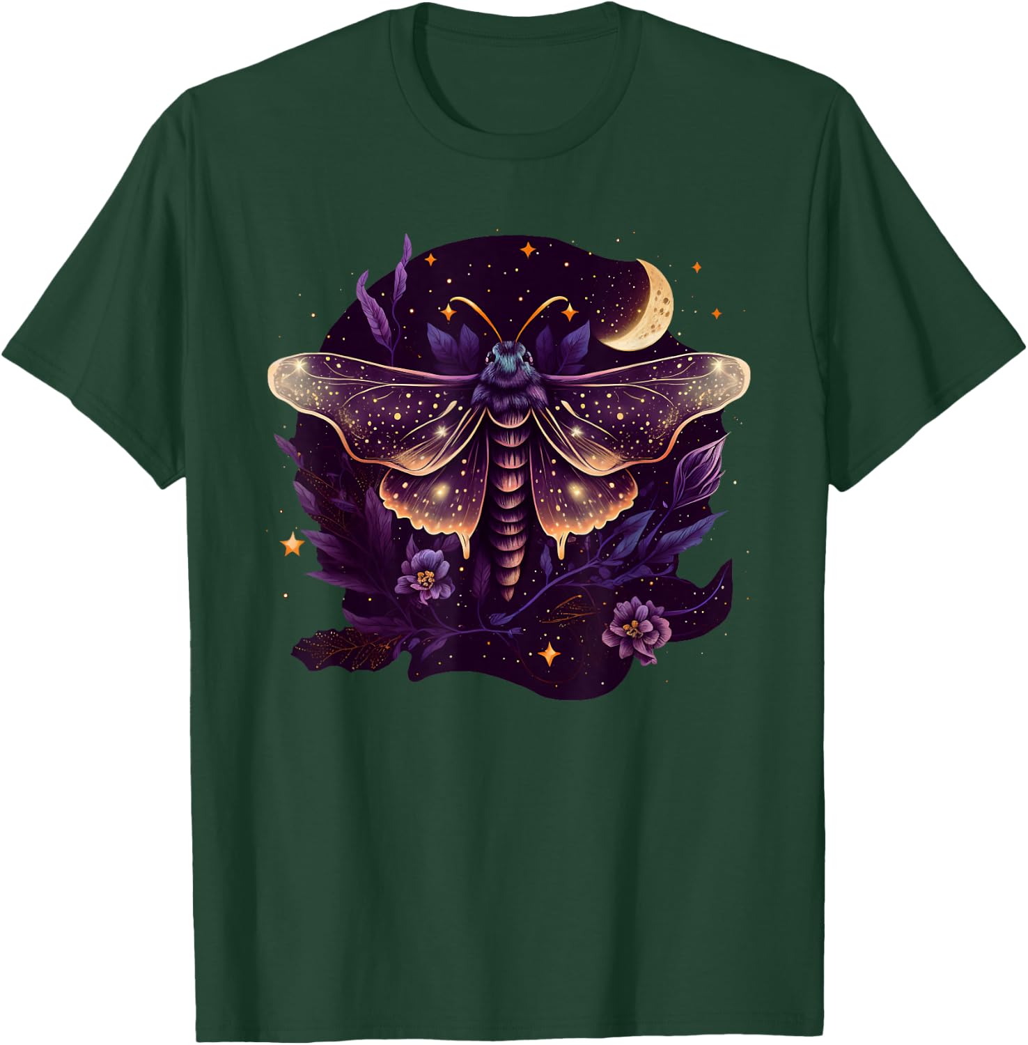 Moth with moon, butterfly, flowers, stars, night, vintage T-Shirt - T-Shirt | Forest