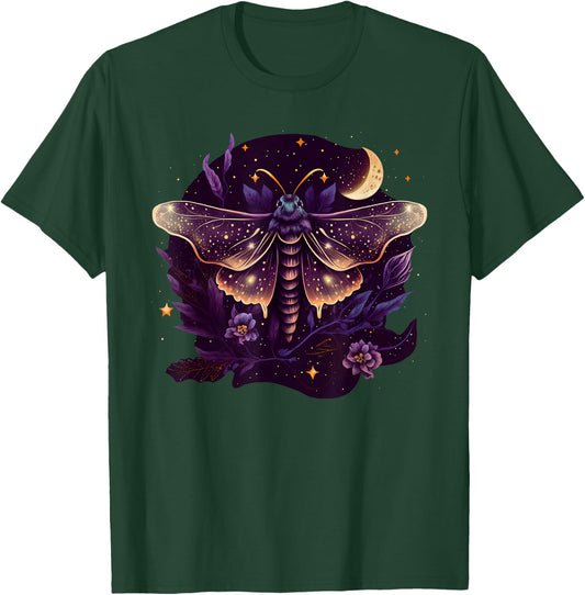 Moth with moon, butterfly, flowers, stars, night, vintage T-Shirt - T-Shirt | Forest