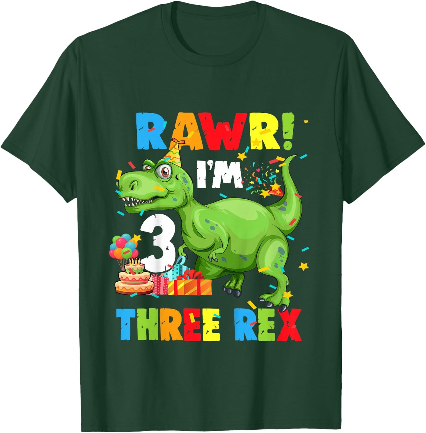 Kids Three Rex Birthday Party Outfit Dinosaur 3 Year Old Boy T-Shirt - T-Shirt | Forest