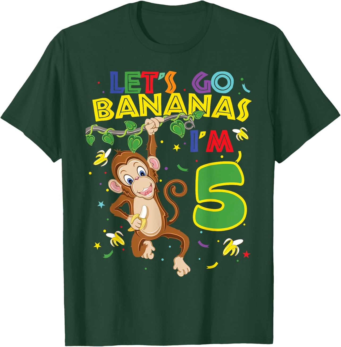 Kids Monkey 5th Birthday Zoo Let's Go Bananas I'm 5 T-Shirt - T-Shirt | Forest