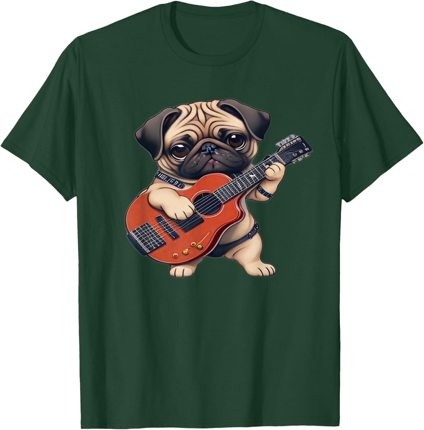 Pug Playing Guitar Cute Pug Electric Bass Guitar Player T-Shirt - T-Shirt | Forest