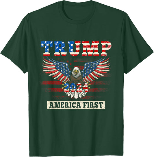 Trump 2024 America First Bald Eagle Pro Trump USA Flag Men T-Shirt - T-Shirt | Forest