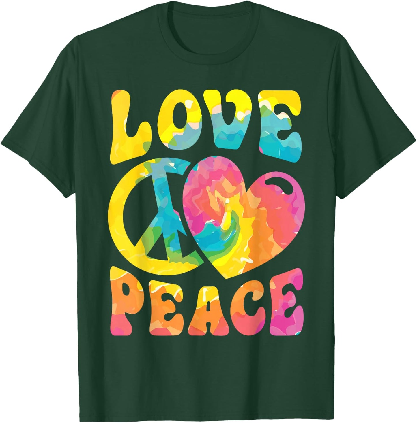 Hippie Women Men Love Peace Sign Heart Tie Dye Retro Groovy T-Shirt - T-Shirt | Forest