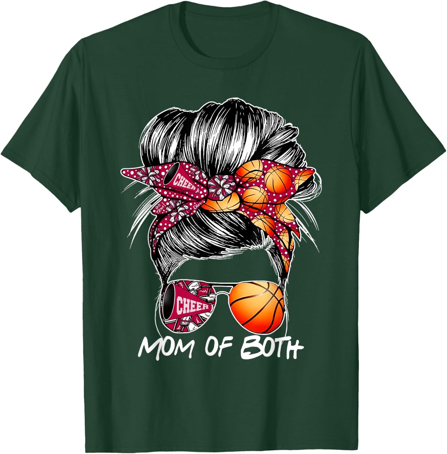 Mom Of Both Cheer Mom Basketball Mom Messy Bun Mother's Day T-Shirt - T-Shirt | Forest